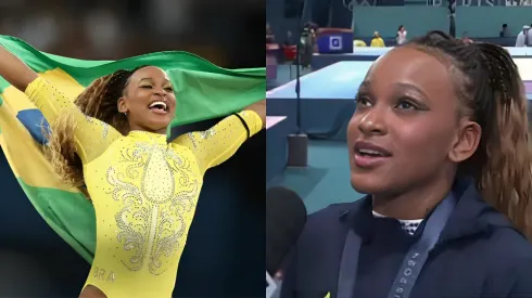 Rebeca Andrade durante as Olimpíadas de Paris - Foto 1: Alexandre Loureiro/COB | Foto 2: Reprodução/Globo
