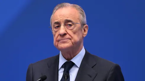 MADRID, SPAIN – JULY 16: Florentino Perez Rodriguez, President of Real Madrid speaks as Real Madrid new signing, Kylian Mbappe is unveiled at Estadio Santiago Bernabeu on July 16, 2024 in Madrid, Spain. (Photo by David Ramos/Getty Images)
