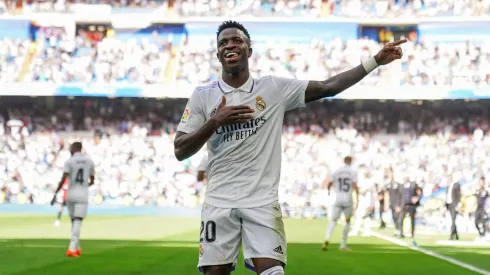 MADRID, SPAIN – SEPTEMBER 11: Vinicius Junior of Real Madrid CF celebrates after scoring their side's second goal during the LaLiga Santander match between Real Madrid CF and RCD Mallorca at Estadio Santiago Bernabeu on September 11, 2022 in Madrid, Spain. (Photo by Angel Martinez/Getty Images)
