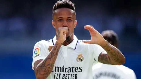 MADRID, SPAIN – MARCH 11: Eder Militao of Real Madrid celebrates after scoring the team's second goal during the LaLiga Santander match between Real Madrid CF and RCD Espanyol at Estadio Santiago Bernabeu on March 11, 2023 in Madrid, Spain. (Photo by Gonzalo Arroyo Moreno/Getty Images)
