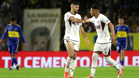BUENOS AIRES, ARGENTINA - SEPTEMBER 23: Leandro Diaz celebrates with teammate Braian Aguirre after scoring the first goal of his team during a match between Boca Juniors and Lanus as part of Group B of Copa de la Liga Profesional 2023 at Estadio Alberto J. Armando on September 23, 2023 in Buenos Aires, Argentina. (Photo by Daniel Jayo/Getty Images)