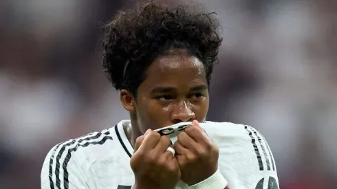 Endrick comemora gol pelo Real Madrid. Foto: Martinez/Getty Images