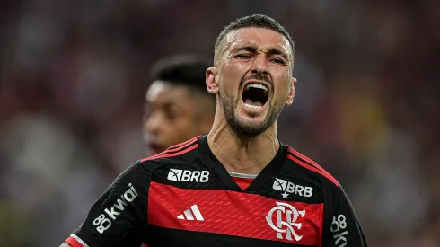 Arrascaeta jogador do Flamengo comemora seu gol durante partida contra o Bahia na Copa do Brasil. Foto: Thiago Ribeiro/AGIF
