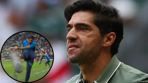 Abel viralizou nas redes sociais em momento em que afasta microfone da mão de auxiliar em Palmeiras x Vasco - Fotos: César Greco e Reprodução/TV Globo