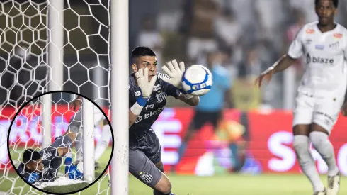 Gabriel Brazão, goleiro do Santos, em lance polêmico contra o Novorizontino – Foto: Abner Dourado/AGIF
