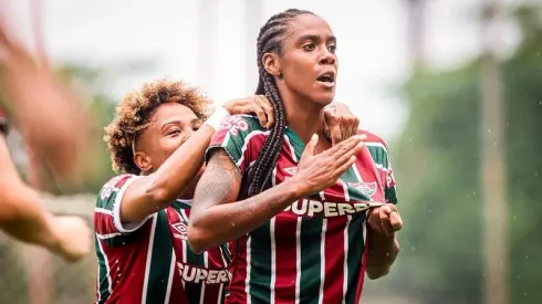 Keké, atacante do Fluminense comemora seu gol durante partida de ida pela final do Carioca Feminino contra o Flamengo 
