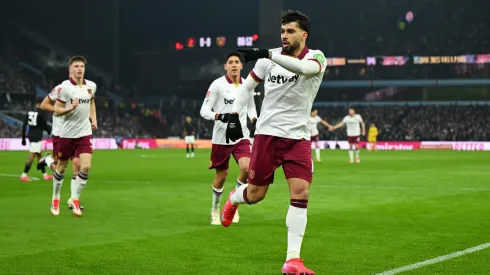 BIRMINGHAM, ENGLAND – JANUARY 10: Lucas Paqueta of West Ham United celebrates scoring his team's first goal during the Emirates FA Cup Third Round match between Aston Villa and West Ham United at Villa Park on January 10, 2025 in Birmingham, England. (Photo by Shaun Botterill/Getty Images)
