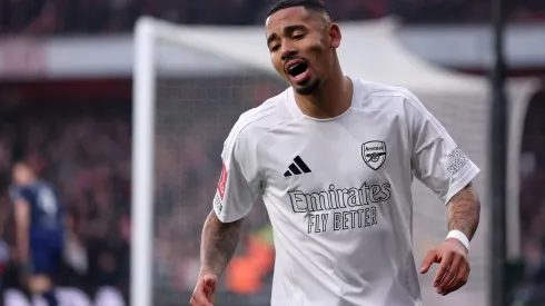 LONDON, ENGLAND – JANUARY 12: Gabriel Jesus of Arsenal reacts during the Emirates FA Cup Third Round match between Arsenal and Manchester United at Emirates Stadium on January 12, 2025 in London, England. Arsenal are playing in a special all-white kit for today's FA Cup third-round tie as part of their ‘No More Red’ initiative which was launched in collaboration with Adidas in 2022 to keep young people safe from knife crime. (Photo by Julian Finney/Getty Images)