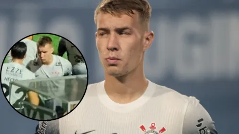 Charles durante partida entre Grêmio e Corinthians, no Couto Pereira, pelo Brasileirão 2024. Fotos: Robson Mafra/AGIF e Reprodução/Meu Timão