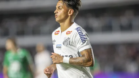 Weslley Patati jogador do Santos durante partida contra o Chapecoense no estádio Vila Belmiro pelo campeonato Brasileiro B 2024. Foto: Reinaldo Campos/AGIF

