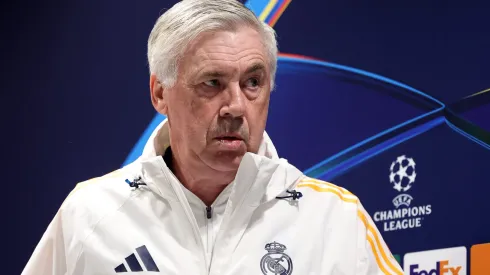 LONDON, ENGLAND – APRIL 07: Carlo Ancelotti, Head Coach of Real Madrid, arrives at the press conference ahead of their UEFA Champions League 2024/25 quarter final first leg match at Sobha Realty Training Centre on April 07, 2025 in London Colney, England. (Photo by Alex Davidson/Getty Images)