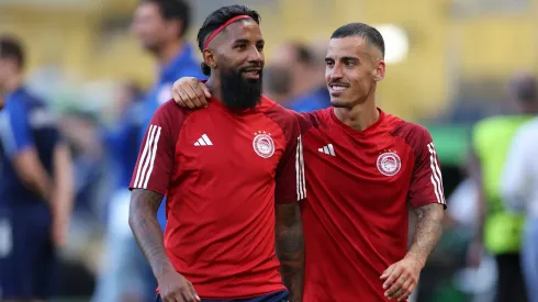 ATHENS, GREECE – MAY 28: Rodinei and Chiquinho of Olympiacos embrace during a training session ahead of their UEFA Europa Conference League 2023/24 final match against ACF Fiorentina at AEK Arena on May 28, 2024 in Athens, Greece. (Photo by Michael Steele/Getty Images)

