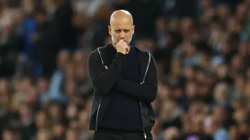 MANCHESTER, ENGLAND – APRIL 22: Pep Guardiola, Manager of Manchester City, reacts during the Premier League match between Manchester City FC and Aston Villa FC at Etihad Stadium on April 22, 2025 in Manchester, England. (Photo by Carl Recine/Getty Images)