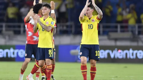 BARRANQUILLA, COLOMBIA – SEPTEMBER 07: Jorge Carrascal and James Rodriguez of Colombia acknowledge the fans after a FIFA World Cup 2026 Qualifier match between Colombia and Venezuela at Metropolitano Stadium on September 07, 2023 in Barranquilla, Colombia. (Photo by Gabriel Aponte/Getty Images)