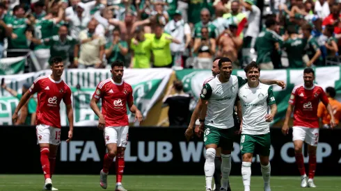EAST RUTHERFORD, NEW JERSEY – JUNE 19: Murilo Cerqueira and Mauricio #18 of Palmeiras celebrate after Wessam Abou Ali #9 of Al Ahly FC (not pictured) scores a own goal and Palmeiras first during the FIFA Club World Cup 2025 group A match between SE Palmeiras and Al Ahly SC at MetLife Stadium on June 19, 2025 in East Rutherford, New Jersey. (Photo by Al Bello/Getty Images)
