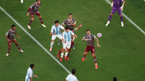 EAST RUTHERFORD, NEW JERSEY – JUNE 21: Seokhyun Choi #96 of Ulsan HD heads the ball against Everaldo Stum #9 of Fluminense FC during the FIFA Club World Cup 2025 group F match between Fluminense FC and Ulsan HD FC at MetLife Stadium on June 21, 2025 in East Rutherford, New Jersey. (Photo by Al Bello/Getty Images)