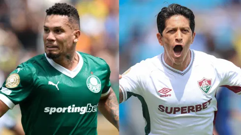 Paulinho comemorando gol pelo Palmeiras e Germán Cano, pelo Fluminense. Foto: Foto: Cesar Greco/Palmeiras/by Canon e MARCELO GONÇALVES / FLUMINENSE F.C.
