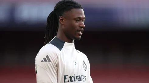 LONDON, ENGLAND – APRIL 07: Eduardo Camavinga of Real Madrid looks on during a training session ahead of their UEFA Champions League 2024/25 quarter final first leg match at Emirates Stadium on April 07, 2025 in London, England. (Photo by Alex Davidson/Getty Images)