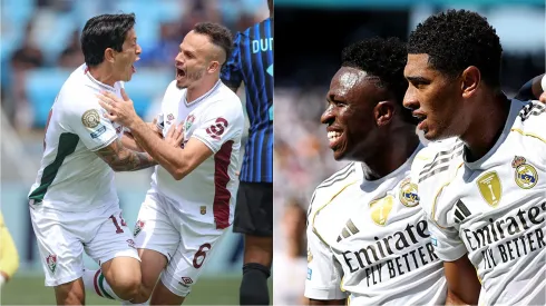 Inteligência artificial colocou o Real Madrid-ESP como favorito em jogo que não acontecerá. Fotos: Marcelo Gonçalves/Fluminense e Francois Nel/Getty Images.