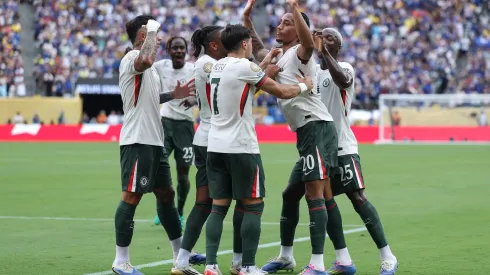 EAST RUTHERFORD, NEW JERSEY – JULY 08: Joao Pedro of Chelsea FC celebrates scoring his team's first goal with teammates during the FIFA Club World Cup 2025 semi-final match between Fluminense FC and Chelsea FC at MetLife Stadium on July 08, 2025 in East Rutherford, New Jersey. (Photo by Buda Mendes/Getty Images)
