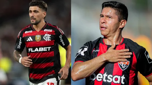 Arrascaeta e Osvaldo são os destaques de Flamengo e Vitória para a partida – Fotos: Reprodução/AGIF