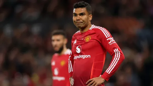 MANCHESTER, ENGLAND – APRIL 17: Casemiro of Manchester United reacts during the UEFA Europa League 2024/25 Quarter Final Second Leg match between Manchester United and Olympique Lyonnais at Old Trafford on April 17, 2025 in Manchester, England. (Photo by Carl Recine/Getty Images)