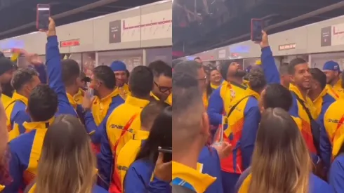 Delegación de Venezuela canta en el Metro de Santiago.
