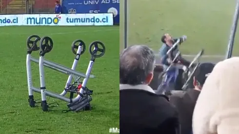 Arrojan un andador al campo de juego de Santa Laura. (Foto: Captura TNT Sports y captura video)
