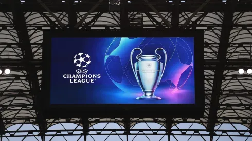 MILAN, ITALY – MAY 10:  A detailed view of the LED Screen on the inside of the stadium as it displays the UEFA Champions League logo prior to the UEFA Champions League semi-final first leg match between AC Milan and FC Internazionale at San Siro on May 10, 2023 in Milan, Italy. (Photo by Marco Luzzani/Getty Images)
