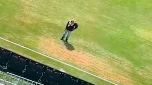 Así maquillan el mal estado del césped del estadio de Unión Magdalena.
