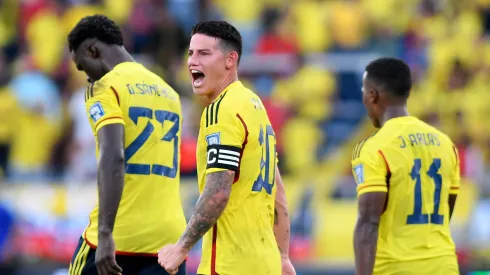 James Rodriguez (R) of Colombia reacts during a FIFA World Cup 2026 Qualifier match between Colombia and Uruguay at Roberto Melendez Metropolitan Stadium on October 12, 2023 in Barranquilla, Colombia. (Photo by Gabriel Aponte/Getty Images)
