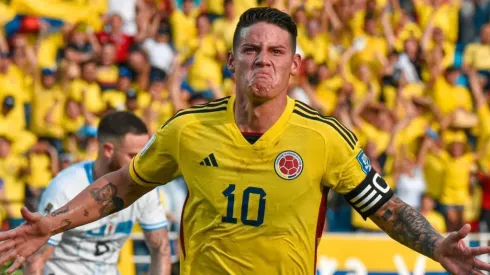 James Rodríguez festejando con la Selección Colombia, tras anotar un gol.
