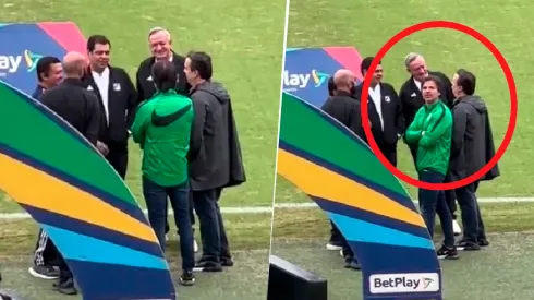 Dirigentes de Atlético Nacional y Millonarios conversan en el estadio Atanasio Girardot de Medellín.
