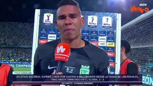 Kevin Mier, hablando en medio del llanto, tras ganar la final de la Copa Colombia con Atlético Nacional.
