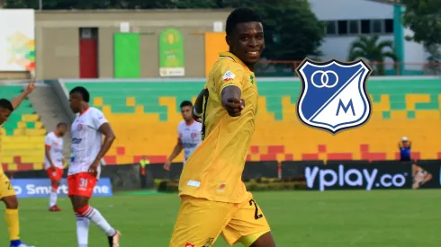 Neymar Sánchez, festejando su gol con Atlético Bucaramanga ante Unión Magdalena.
