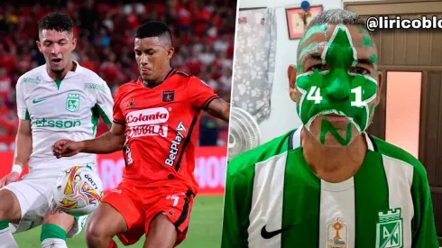 Jugadores de América de Cali y Atlético Nacional disputando el balón.
