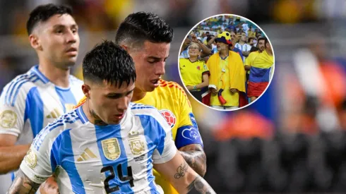 Enzo Fernández, James Rodríguez e hinchas colombianos.
