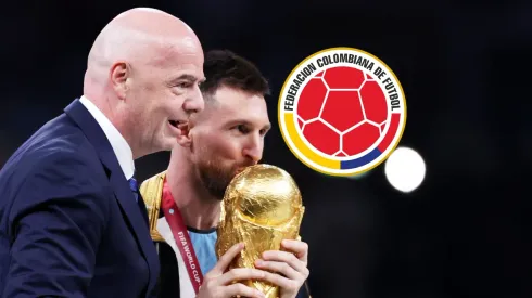 Gianni Infantino, Lionel Messi y el escudo de la FCF.
