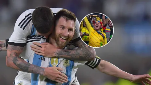 Rodrigo De Paul, Lionel Messi y un hincha de Colombia.
