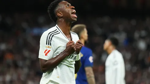 Vinicius Junior of Real Madrid reacts during the LaLiga match between Real Madrid CF and FC Barcelona at Estadio Santiago Bernabeu on October 26, 2024 in Madrid, Spain. (Photo by Angel Martinez/Getty Images)
