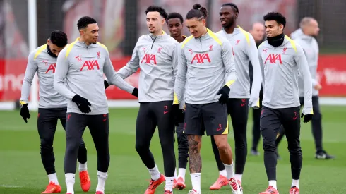 Trent Alexander-Arnold, Curtis Jones, Darwin Nunez and Luis Diaz of Liverpool during the UEFA Champions League 2024/25 League Phase MD6 training session at AXA Melwood Training Centre on December 09, 2024 in Liverpool, England. (Photo by Alex Livesey/Getty Images)
