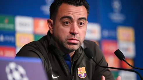 PARIS, FRANCE – APRIL 09: Xavi, head coach of Barcelona talks with the media during a press conference at Parc des Princes on April 09, 2024 in Paris, France. (Photo by Stuart Franklin/Getty Images)
