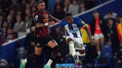 Brighton and Hove Albion's Pervis Estupinan (right) and Manchester City's Kyle Walker battle for the ball during the Premier League match at the American Express Community Stadium, Brighton. Picture date: Wednesday May 24, 2023. (Photo by Nick Potts/PA Images via Getty Images)
