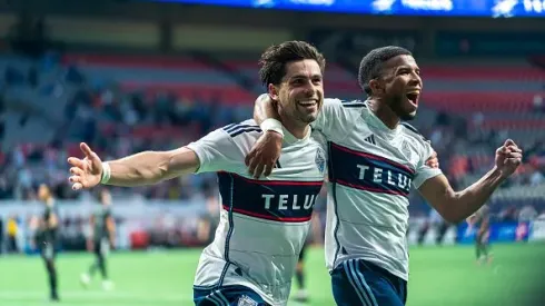 VANCOUVER, CANADA – MAY 31: Brian White #24 of the Vancouver Whitecaps FC celebrates his goal with teammate Pedro Vite #45 after scoring against the Houston Dynamo FC in the second half at BC Place on May 31, 2023 in Vancouver, Canada. (Photo by Jordan Jones/Getty Images)

