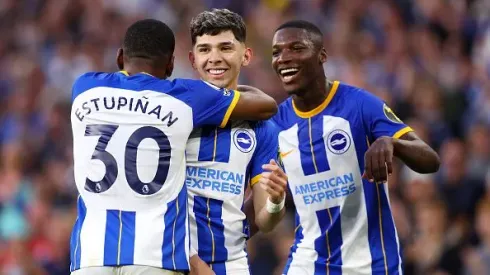 BRIGHTON, ENGLAND – MAY 24: Julio Enciso of Brighton & Hove Albion celebrates with teammates Pervis Estupinan (L) and Moises Caicedo of Brighton & Hove Albion (R) after scoring the team's first goal during the Premier League match between Brighton & Hove Albion and Manchester City at American Express Community Stadium on May 24, 2023 in Brighton, England. (Photo by Clive Rose/Getty Images)
