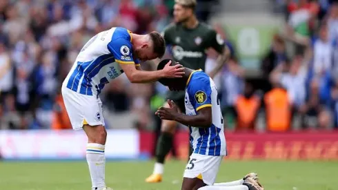 BRIGHTON, ENGLAND – MAY 21: Alexis Mac Allister and Moises Caicedo of Brighton & Hove Albion celebrate victory following the Premier League match between Brighton & Hove Albion and Southampton FC at American Express Community Stadium on May 21, 2023 in Brighton, England. (Photo by Richard Heathcote/Getty Images)
