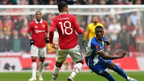Brighton and Hove Albion's Moises Caicedo (right) in action during the Emirates FA Cup semi-final match at Wembley Stadium, London. Picture date: Sunday April 23, 2023. (Photo by Nick Potts/PA Images via Getty Images)
