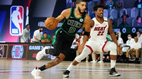 Jimmy Butler guarding Jayson Tatum. (Getty)
