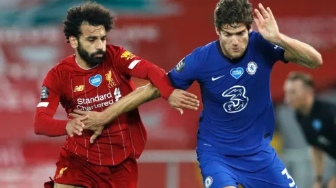 Chelsea vs Liverpool: Mohamed Salah of Liverpool (left) and Marcos Alonso of Chelsea battle for the ball (Getty).
