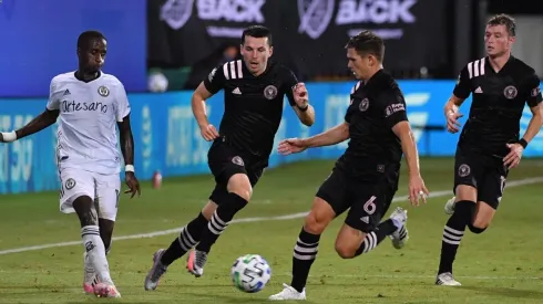 Will Trapp (#6) of Inter Miami CF defends the kick from Jamiro Monteiro (left) of Philadelphia Union (Getty).
